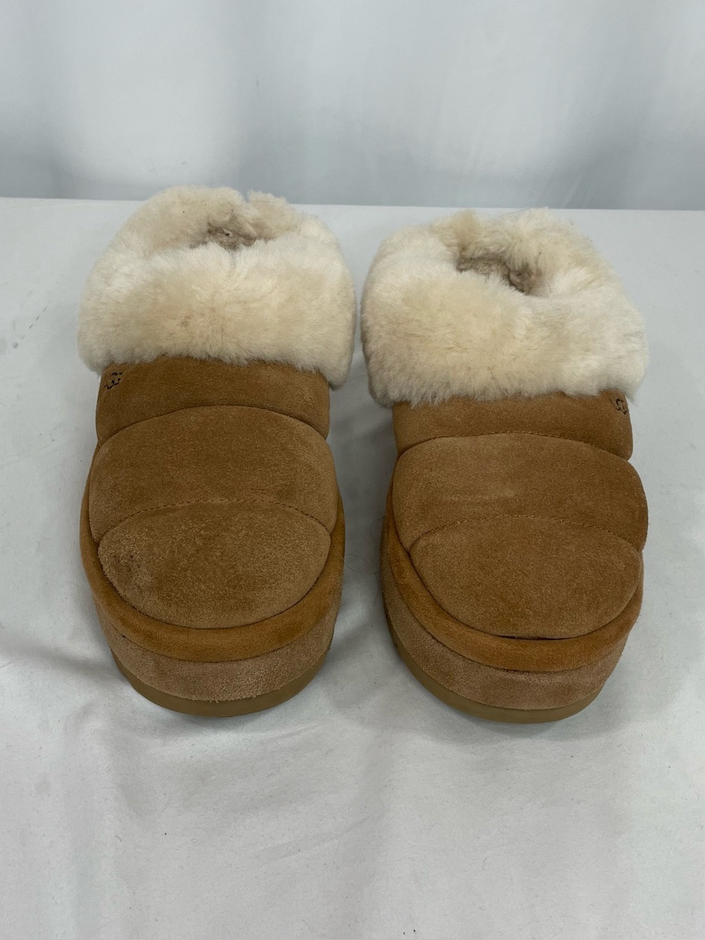 UGG Funkette Chestnut Suede Sheepskin Platform Slippers Size 8